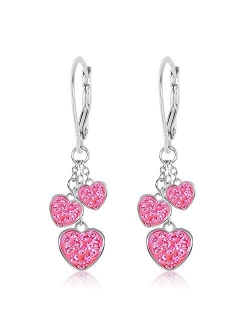 Kids Earrings - White Gold Tone Hearts Pink Crystal Earrings with Silver Leverbacks Baby, Girls, Children