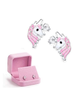 Unicorn Stud Earrings Hypoallergenic 925 Silver Light Pink Sparkling with Zircon for Little Girls Kids Jewelry Birthday Party