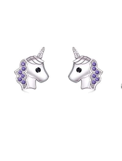 Unicorn Stud Earrings Hypoallergenic 925 Silver Light Pink Sparkling with Zircon for Little Girls Kids Jewelry Birthday Party