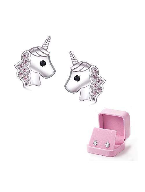 Unicorn Stud Earrings Hypoallergenic 925 Silver Light Pink Sparkling with Zircon for Little Girls Kids Jewelry Birthday Party