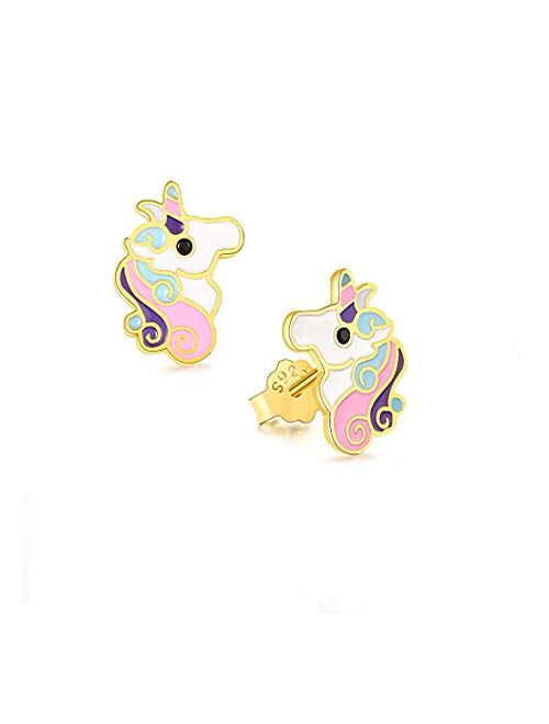 Unicorn Stud Earrings Hypoallergenic 925 Silver Light Pink Sparkling with Zircon for Little Girls Kids Jewelry Birthday Party