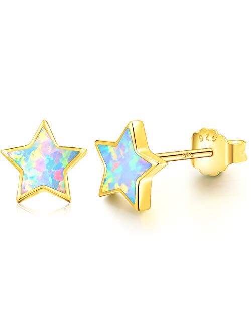 Gold Star Earrings for Girls, Hypoallergenic Fire Opal Stud Earrings For Women ARSKRO S925 Sterling Sliver Little Small Tiny Cute Earring Jewelry Gifts for Sensitive Ears