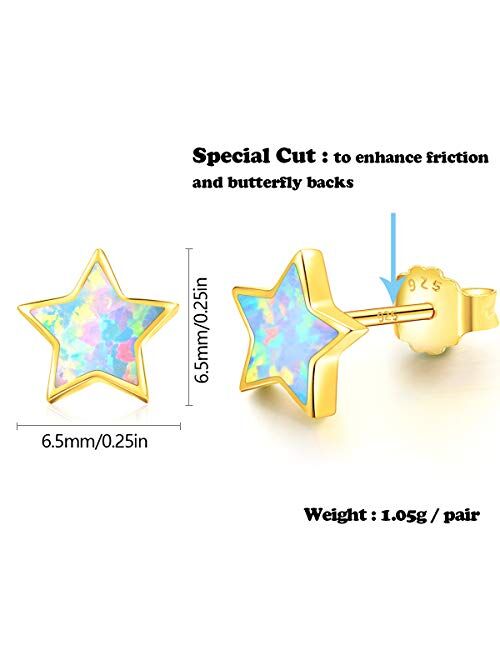 Gold Star Earrings for Girls, Hypoallergenic Fire Opal Stud Earrings For Women ARSKRO S925 Sterling Sliver Little Small Tiny Cute Earring Jewelry Gifts for Sensitive Ears