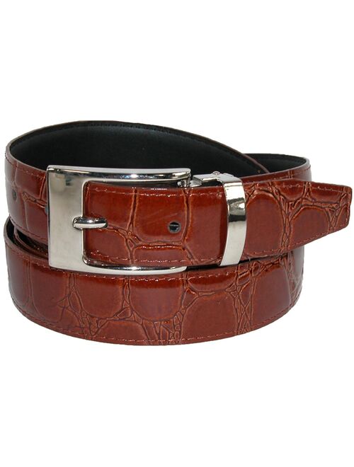 Size 54 Mens Big & Tall Leather Croc Print Dress Belt with Clamp On Buckle, Burgundy