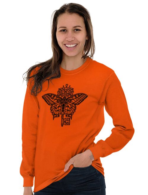 Spiritual Long Sleeve T-Shirts Tee For Women Butterfly Key Symbol Graphic Gift