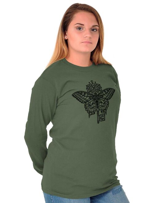 Spiritual Long Sleeve T-Shirts Tee For Women Butterfly Key Symbol Graphic Gift