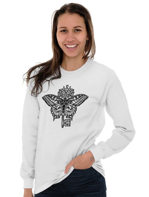 Spiritual Long Sleeve T-Shirts Tee For Women Butterfly Key Symbol Graphic Gift