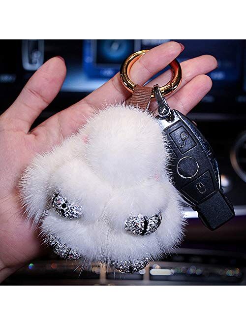 U So Shiny Cute Cartoon Rabbit Fur Diamond Crystal Silk Scarf Pom Pom Keychain Handbag Car Keyring Women Fluffy Mink Fur Key Pendant Car Buckle Charm, Pink