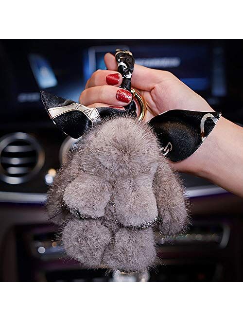 U So Shiny Cute Cartoon Rabbit Fur Diamond Crystal Silk Scarf Pom Pom Keychain Handbag Car Keyring Women Fluffy Mink Fur Key Pendant Car Buckle Charm, Pink