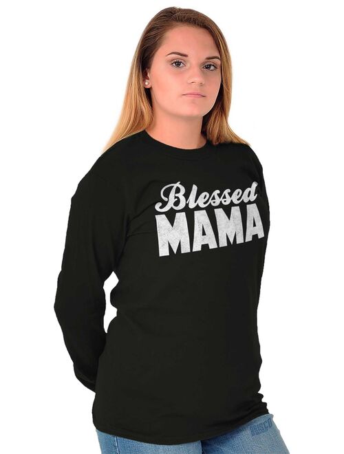 Mom Long Sleeve T-Shirts Tee For Women Blessed Mama Religious Mothers Day Gift Idea