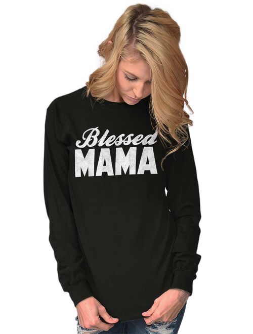 Mom Long Sleeve T-Shirts Tee For Women Blessed Mama Religious Mothers Day Gift Idea