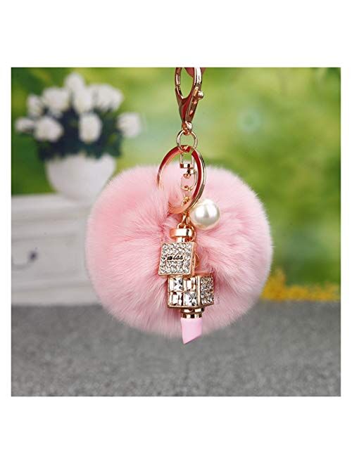 Liuhyun Fur Pom-Pom Pearl Keychain,Canada Bulk Lipstick Rhinestones Keyring