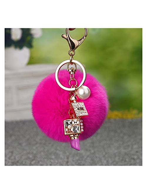 Liuhyun Fur Pom-Pom Pearl Keychain,Canada Bulk Lipstick Rhinestones Keyring