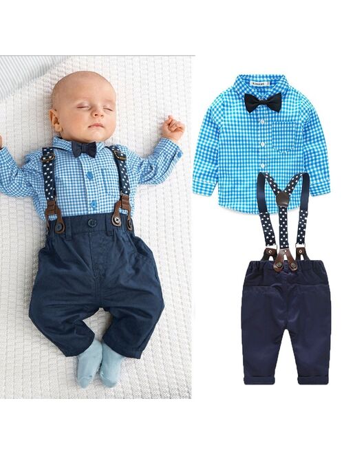 2PCS Kids Baby Boys Toddler Plaid Shirt+Suspender Pants Overalls Clothes Outfits