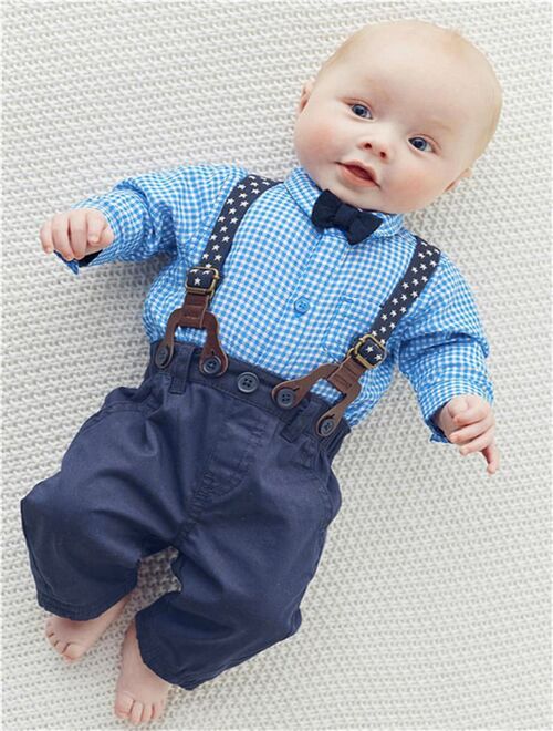 2PCS Kids Baby Boys Toddler Plaid Shirt+Suspender Pants Overalls Clothes Outfits