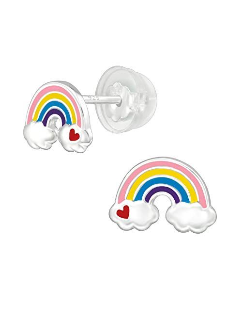 AUBE JEWELRY Hypoallergenic 925 Sterling Silver Colorful Rainbow Stud Earrings with Silicone Coated Push Backs for Girls and women