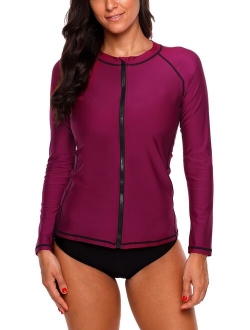 Charmo Rash Guard for Women Zip Front Long Sleeve Rashguard Top Sun Protection Swim Shirt