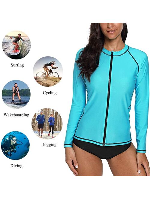 Charmo Rash Guard for Women Zip Front Long Sleeve Rashguard Top Sun Protection Swim Shirt