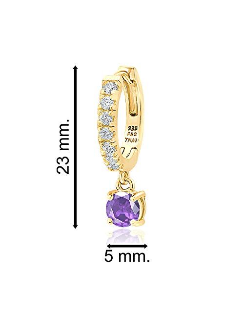 Sterling Silver 5mm Genuine, Created or Simulated Gemstone Birthstone Month Colors& White CZ Dangle Huggie Hoop Earrings for Women Teen Girls, 15mm Diameter