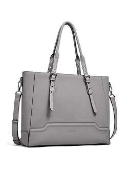 Women Briefcase Leather Laptop Shoulder Handbag 15.6 inch Tote Work Purses Cross-Body Bag Grey