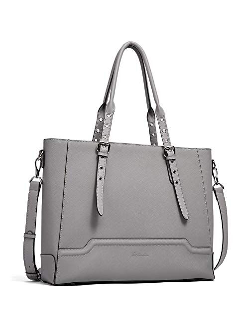 BOSTANTEN Women Briefcase Leather Laptop Shoulder Handbag 15.6 inch Tote Work Purses Cross-Body Bag Grey