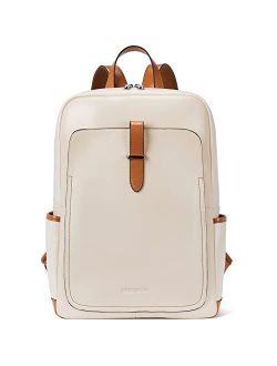 Leather Laptop Backpack Purse Casual College Casual Bags Daypack Beige-White