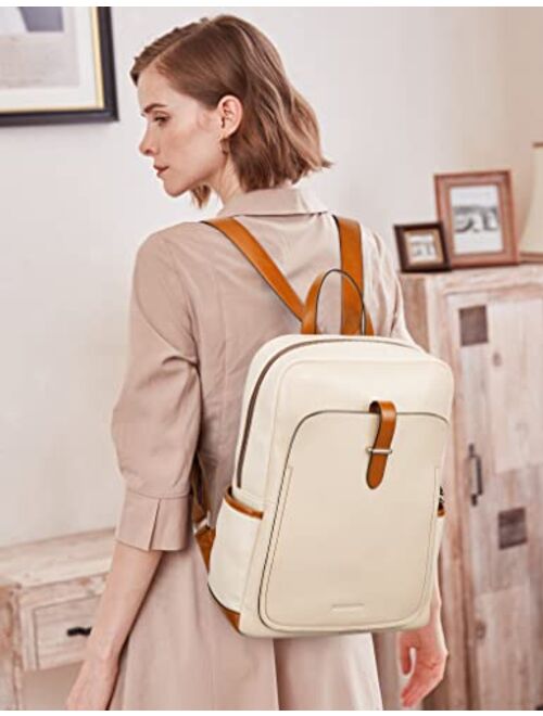 BOSTANTEN Leather Laptop Backpack Purse Casual College Casual Bags Daypack Beige-White