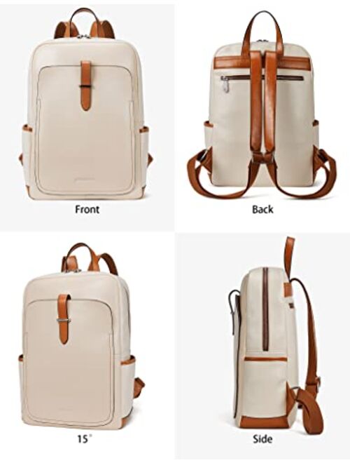 BOSTANTEN Leather Laptop Backpack Purse Casual College Casual Bags Daypack Beige-White