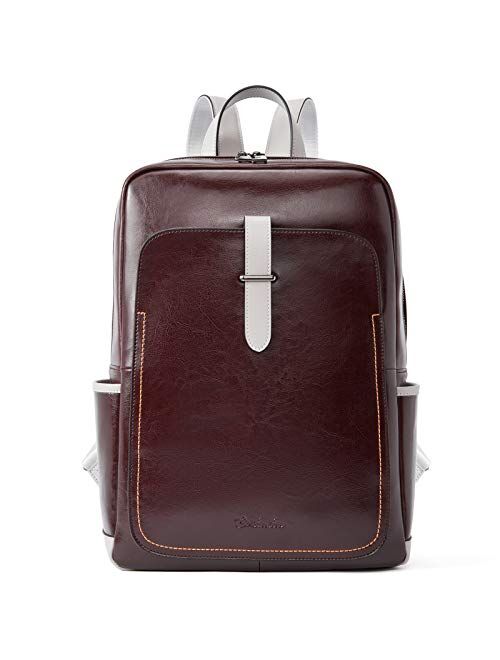 BOSTANTEN Leather Laptop Backpack Purse Casual College Casual Bags Daypack Beige-White