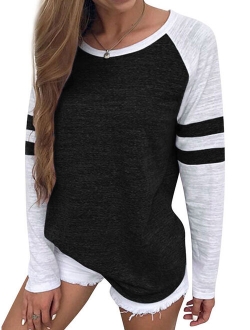 STARVNC Women Stripe Splice Long Sleeve Crew Neck Shirt