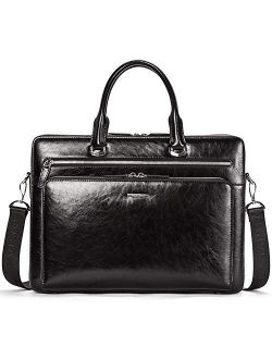 Leather Briefcase Shoulder 15.6 "Laptop Business Vintage Slim Messenger Bags for Women & Men Black