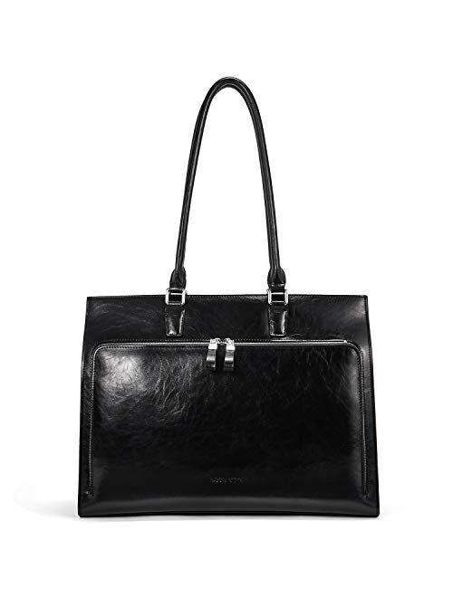 BOSTANTEN Leather Briefcase for Women Vintage 15.6 inch Laptop Bag Business Tote Shoulder Handbag Black