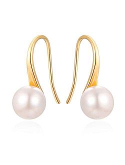 925 Sterling Silver Hoop Handpicked AAA+ Quality 7.5-8mm White Freshwater Cultured Pearl Dangle Drop Earrings Jewelry for Women Girls