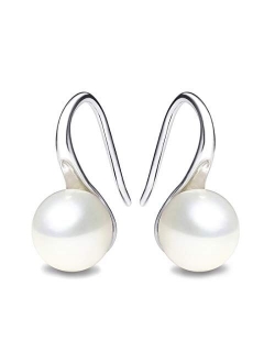 925 Sterling Silver Hoop Handpicked AAA+ Quality 7.5-8mm White Freshwater Cultured Pearl Dangle Drop Earrings Jewelry for Women Girls