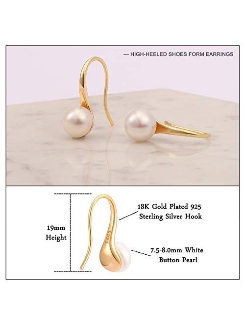 925 Sterling Silver Hoop Handpicked AAA+ Quality 7.5-8mm White Freshwater Cultured Pearl Dangle Drop Earrings Jewelry for Women Girls