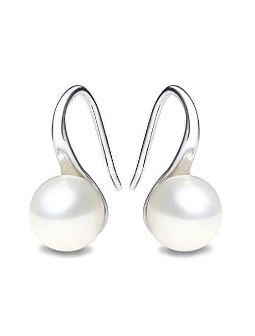 925 Sterling Silver Hoop Handpicked AAA+ Quality 7.5-8mm White Freshwater Cultured Pearl Dangle Drop Earrings Jewelry for Women Girls