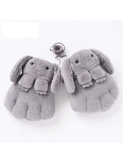 CAILIN Winter Gloves Hanging Neck Cotton Gloves for Girls in Autumn and Winter Plus Velvet Thickening to Keep Warm Plush Cartoon Cute Animal Warm Gloves (Color : Gray)