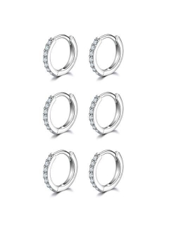 3 Pairs Sterling Silver Small Hoop Earrings Tiny Cartilage Earring Cubic Zirconia Cuff Huggie Earrings Mini Hoops Earrings Piercing for Women Girls