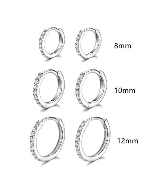 3 Pairs Sterling Silver Small Hoop Earrings Tiny Cartilage Earring Cubic Zirconia Cuff Huggie Earrings Mini Hoops Earrings Piercing for Women Girls