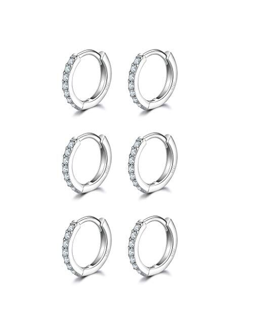 3 Pairs Sterling Silver Small Hoop Earrings Tiny Cartilage Earring Cubic Zirconia Cuff Huggie Earrings Mini Hoops Earrings Piercing for Women Girls