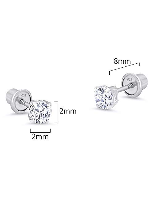 925 Sterling Silver Rhodium Plated 2mm Basket Cubic Zirconia Stud Screwback Baby Girls Earrings