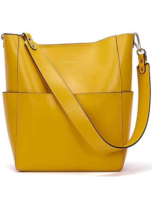 BOSTANTEN Women's Leather Designer Handbags Tote Purses Shoulder Bucket Bags and Women Leather Wallet RFID Blocking Small Bifold Zipper Pocket Wallet with ID Window