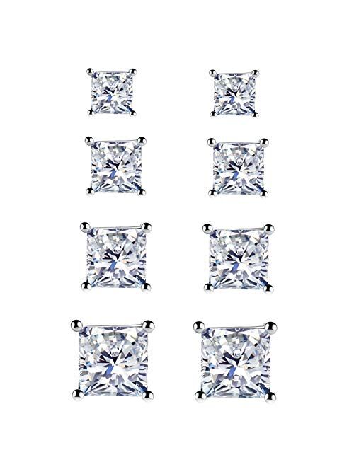 925 Sterling Silver Stud Earrings - 4 Pairs Square Cut Cubic Zirconia Stud Earrings Hypoallergenic Stud Earrings Set for Women Men Girls Gifts 3mm 4mm 5mm 6mm