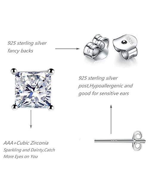 925 Sterling Silver Stud Earrings - 4 Pairs Square Cut Cubic Zirconia Stud Earrings Hypoallergenic Stud Earrings Set for Women Men Girls Gifts 3mm 4mm 5mm 6mm