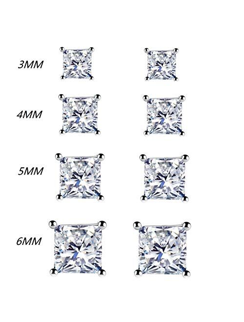 925 Sterling Silver Stud Earrings - 4 Pairs Square Cut Cubic Zirconia Stud Earrings Hypoallergenic Stud Earrings Set for Women Men Girls Gifts 3mm 4mm 5mm 6mm