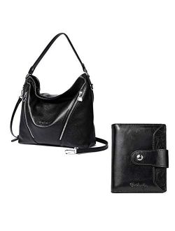 Women Leather Handbag Designer Large Hobo Purses Shoulder Bags and Women Leather Wallet RFID Blocking Small Bifold Zipper Pocket Wallet with ID Window