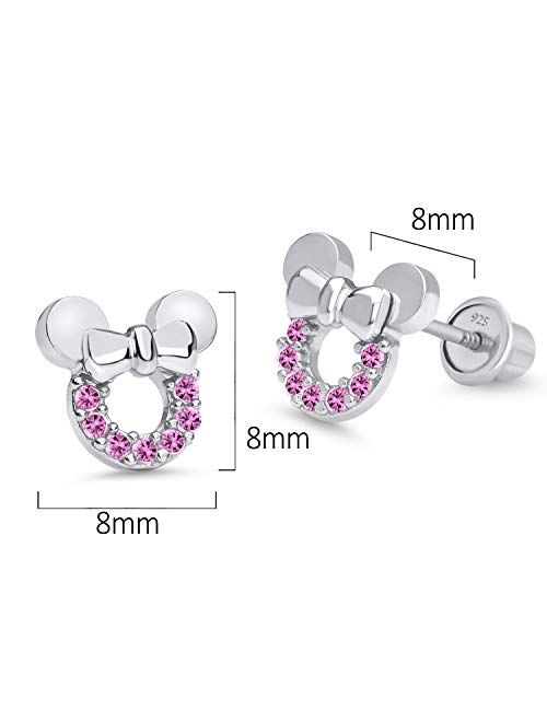 925 Sterling Silver Rhodium Plated Pink Mouse Cubic Zirconia Screwback Baby Girls Earrings