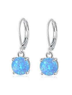 CiNily Round-Cut Opal Dangle Earrings, Blue/White/Pink/Green/Black Fire Opal Rhodium Plated Women Jewelry leverback Gems Drop Earrings