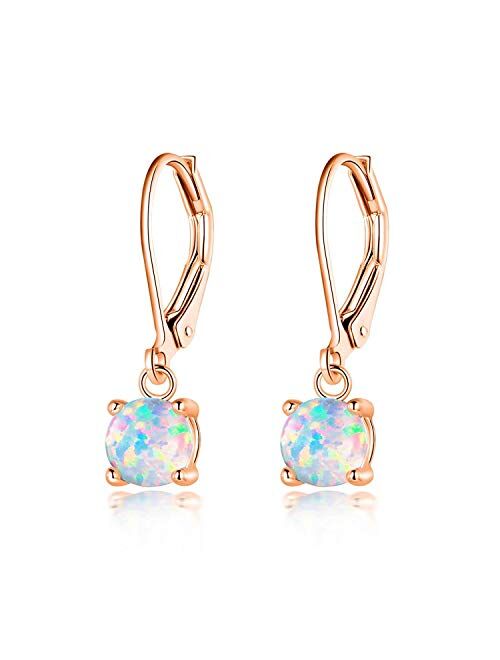 CiNily Round-Cut Opal Dangle Earrings, Blue/White/Pink/Green/Black Fire Opal Rhodium Plated Women Jewelry leverback Gems Drop Earrings