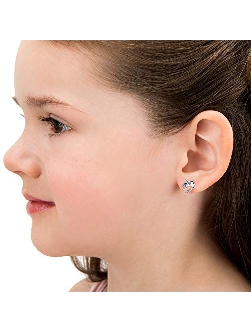 2 Pairs Tiny Stud Earrings for Girls Hypoallergenic S925 Sterling Silver Stud Earrings for Kids Unicorn Love Heart Rainbow Tiny CZ Earrings Set Valentine's Day Jewelry Gi